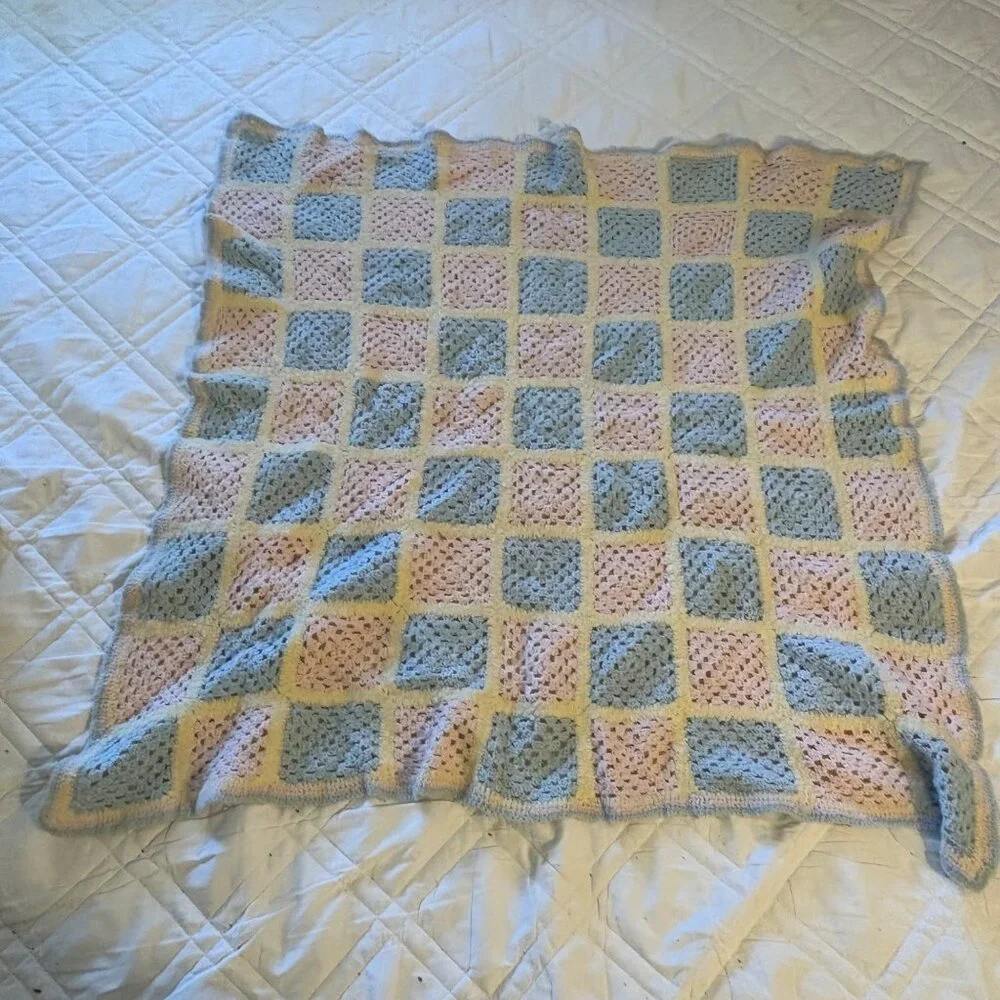 Handmade Crocheted Baby Blanket In Pastel PInk blue‎ Soft Cozy Square 30x30